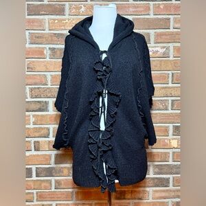 Anthropologie Sparrow Black Hooded Cardigan Ruffle Front Dolman Sleeve M
